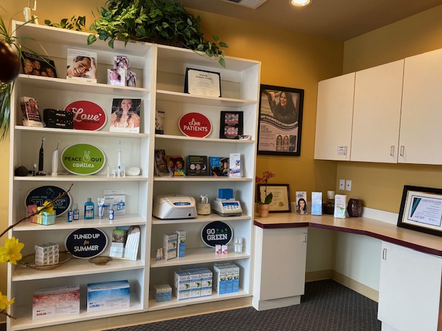 Angled shot of shelves in dental office