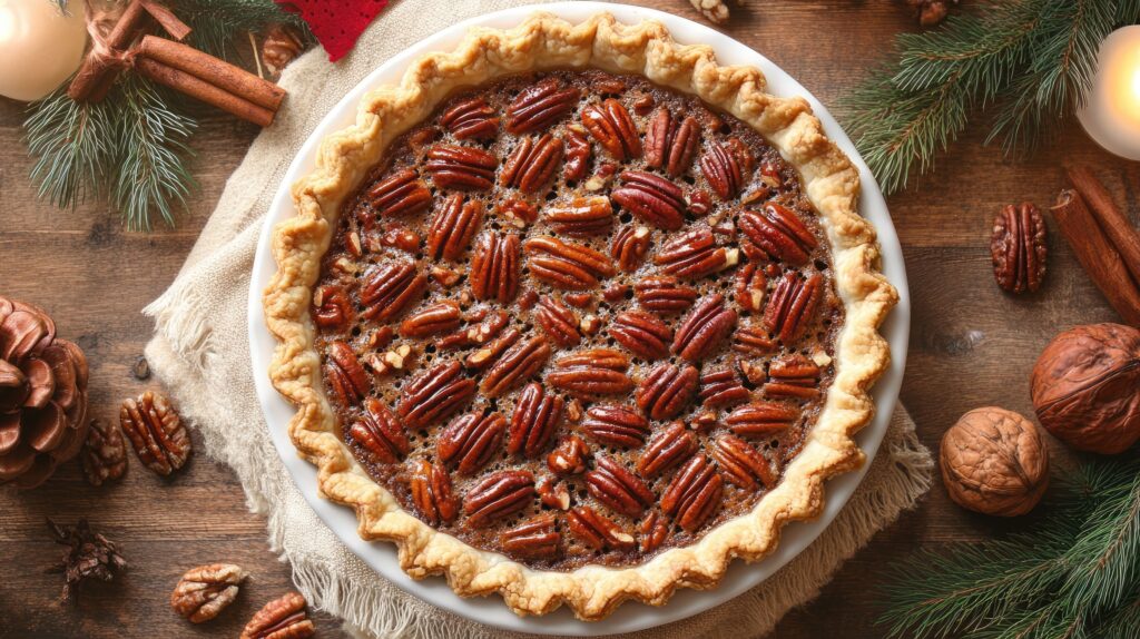 Bird's eye view of pecan pie on table with pinecones, cinnamon, and fir branches